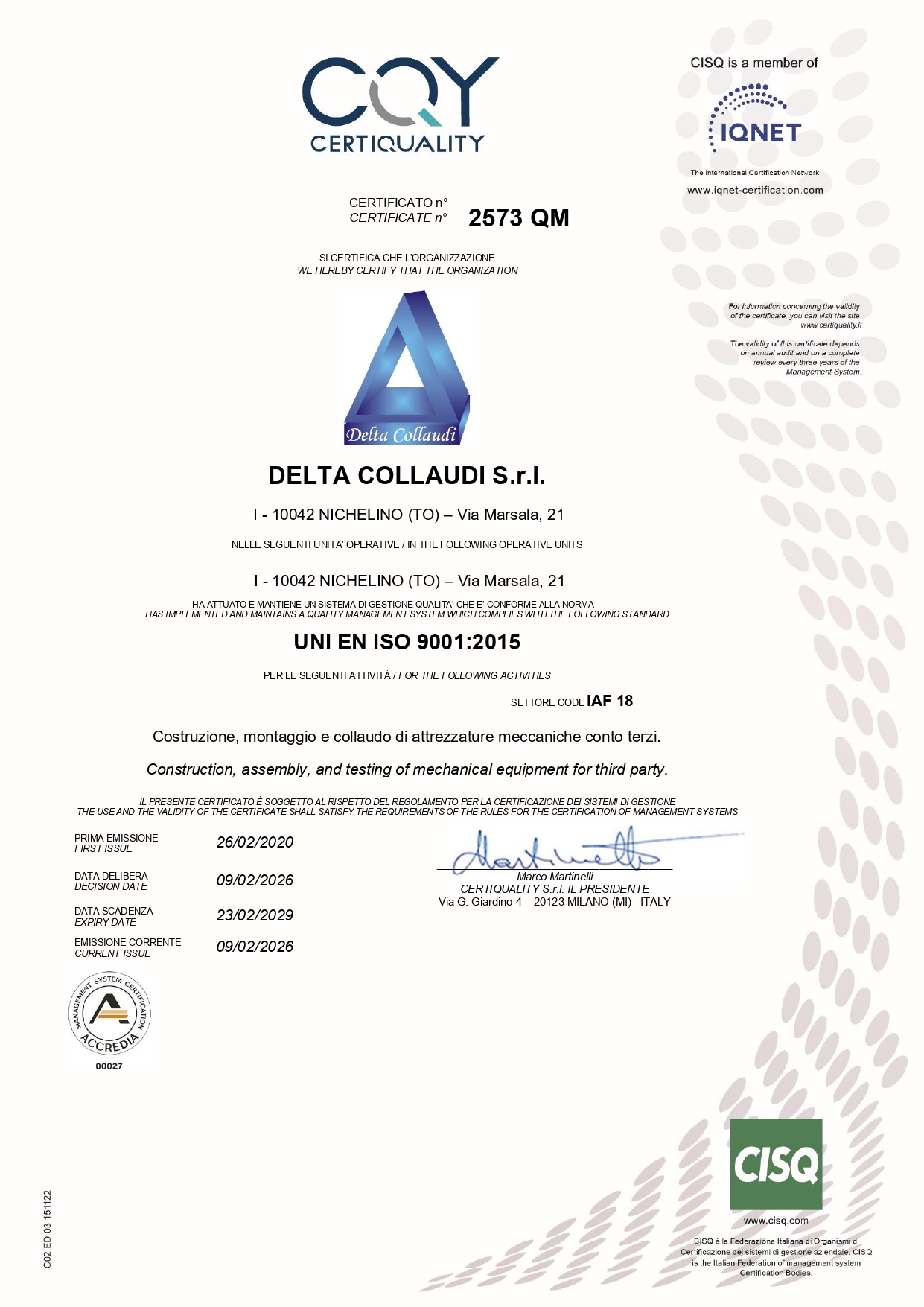 Certificato ISO 9001:2015